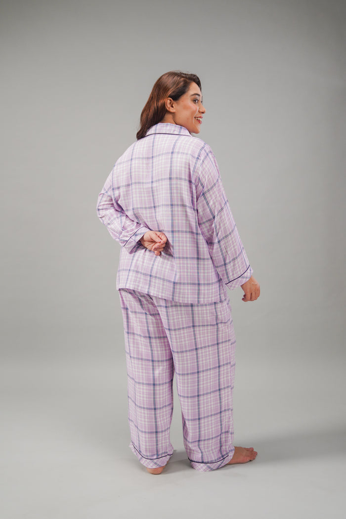 Lilac Check Cotton Blend Women's Curve Pajama Set- Full Sleeves