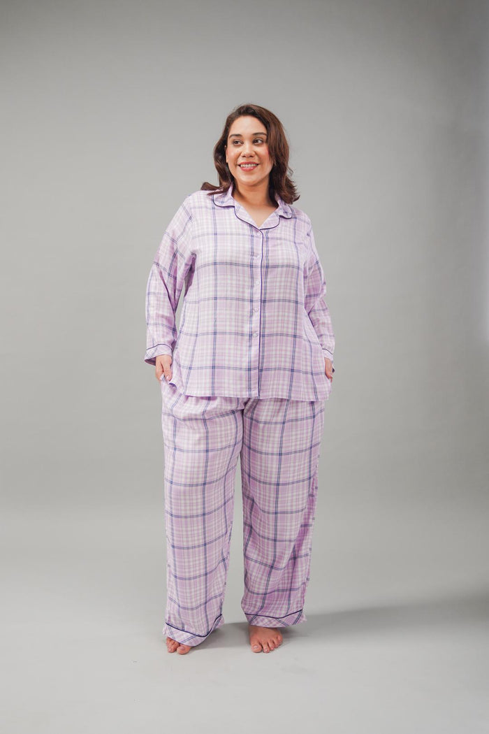 Lilac Check Cotton Blend Women's Curve Pajama Set- Full Sleeves