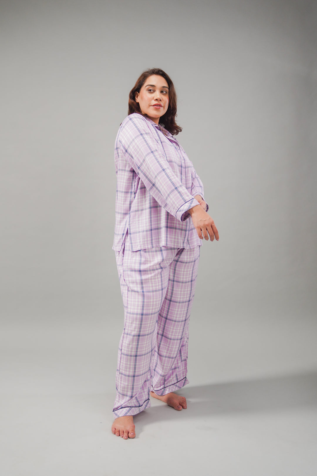 Lilac Check Cotton Blend Women's Curve Pajama Set- Full Sleeves