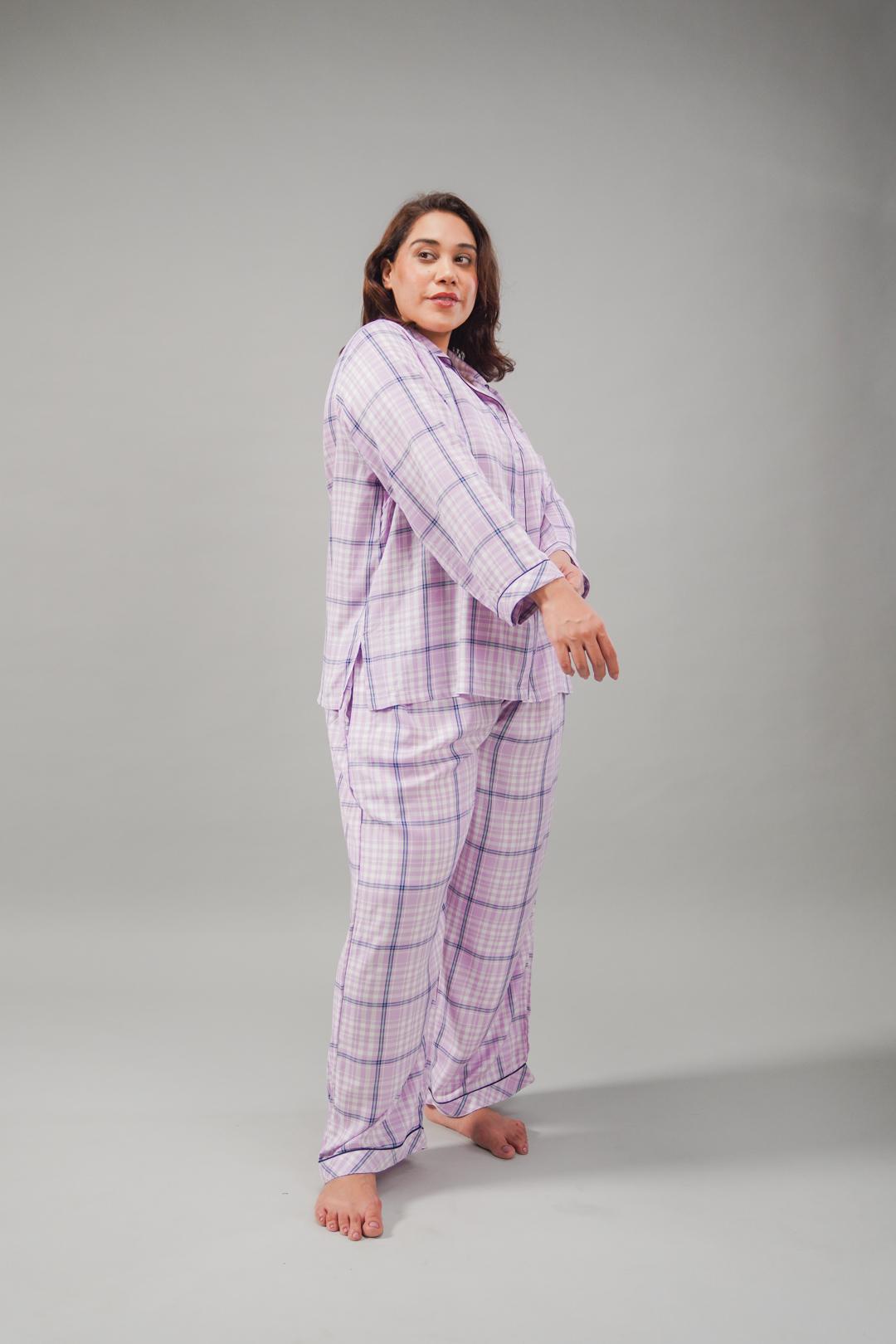 Lilac Check Cotton Blend Women's Curve Pajama Set- Full Sleeves