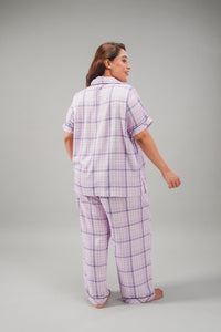 Lilac Check Cotton Blend Women's Curve Pajama Set- Half Sleeves