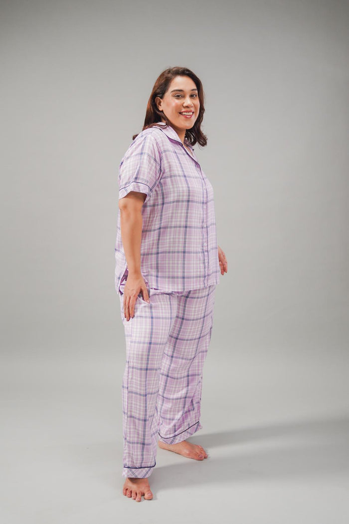 Lilac Check Cotton Blend Women's Curve Pajama Set- Half Sleeves
