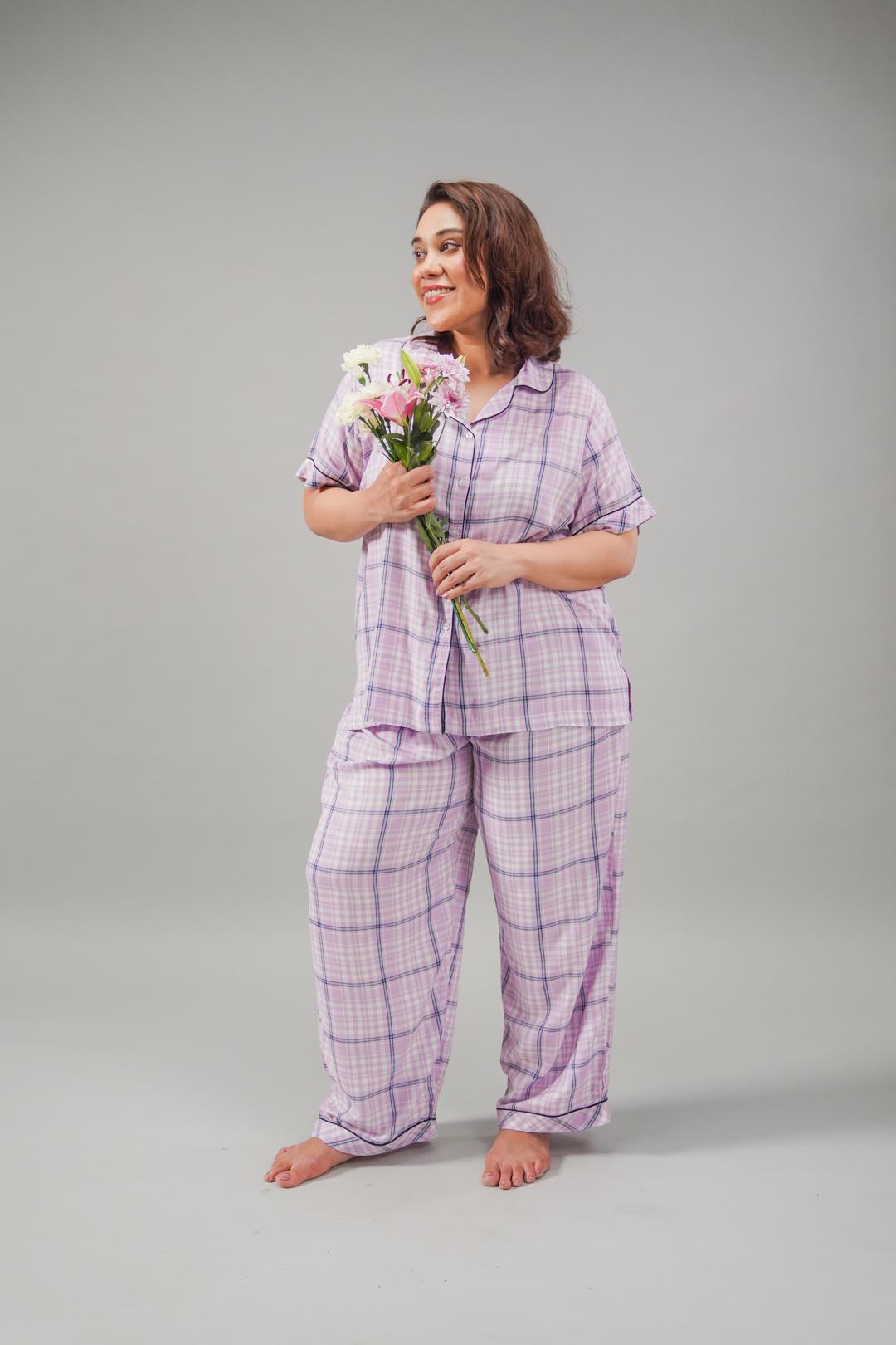 Lilac Check Cotton Blend Women's Curve Pajama Set- Half Sleeves
