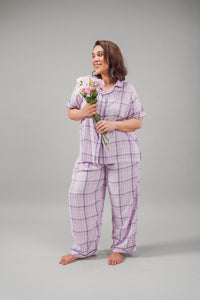 Lilac Check Cotton Blend Women's Curve Pajama Set- Half Sleeves