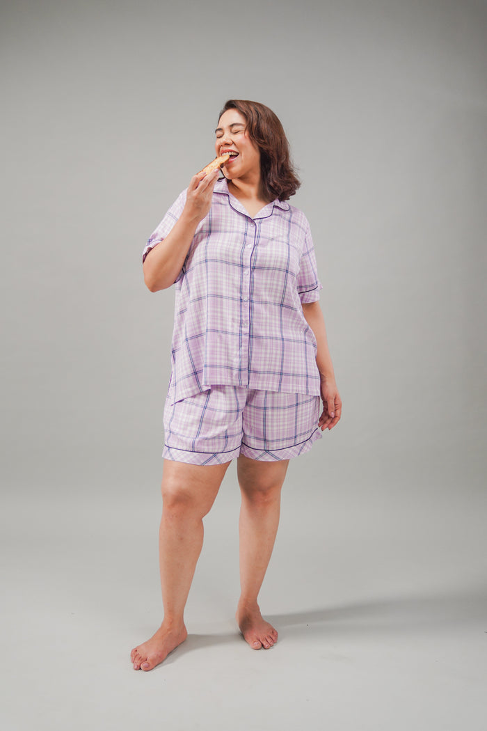 Lilac Check Cotton Blend Women's Curve Shorts Set- Half Sleeves