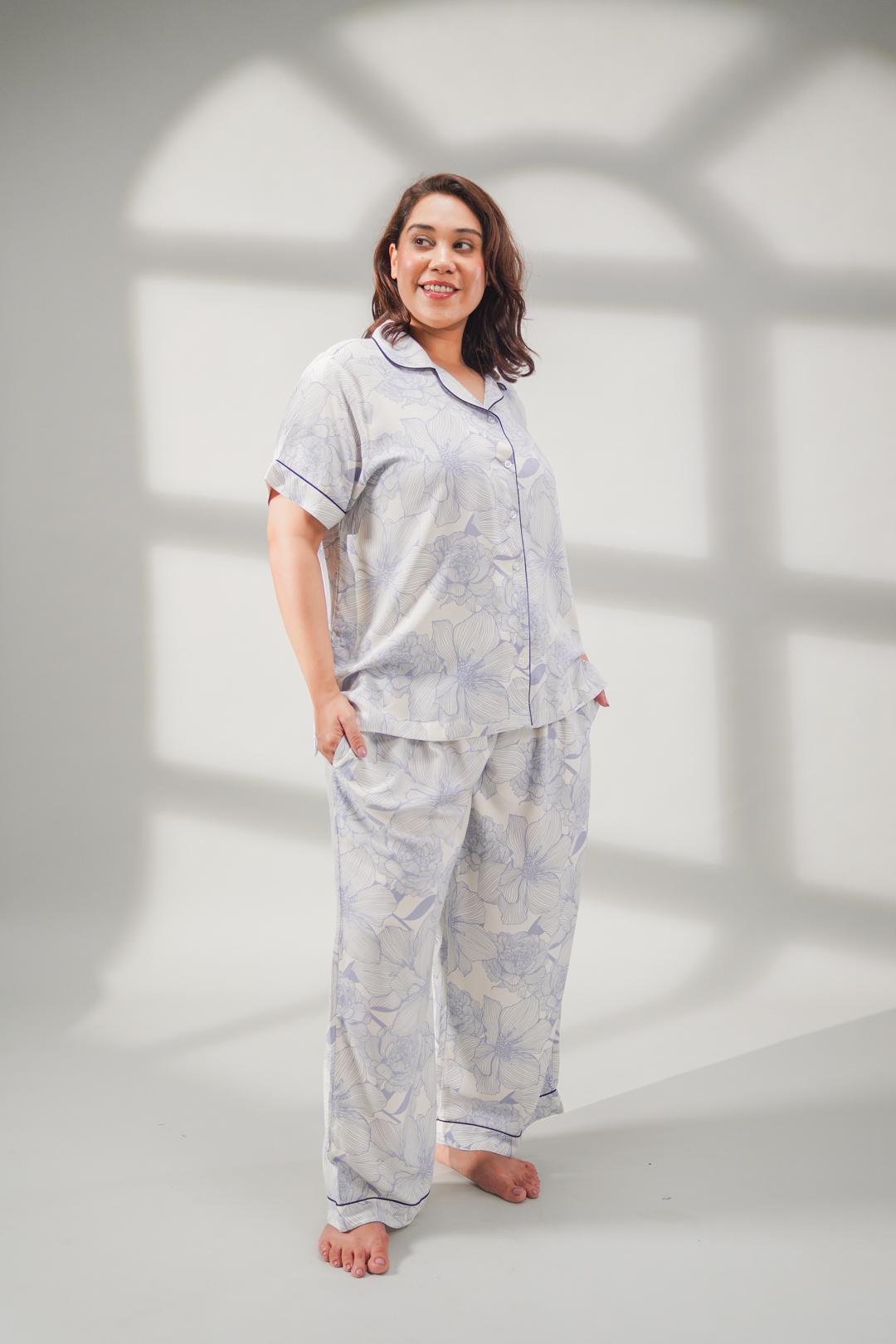 Ivy Blue Floral Cotton Blend Women's Curve Pajama Set- Half Sleeves