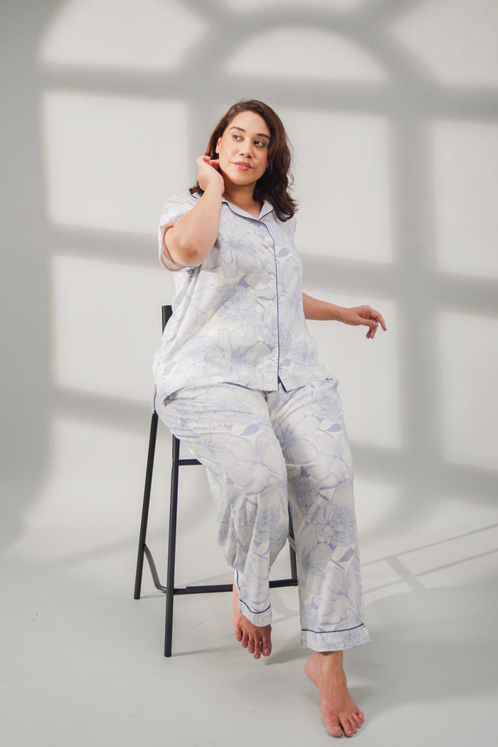 Ivy Blue Floral Cotton Blend Women's Curve Pajama Set- Half Sleeves