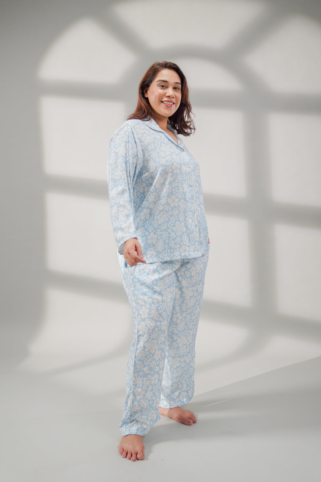 Bella Blue Printed Cotton Blend Women's Curve Pajama Set- Full Sleeves