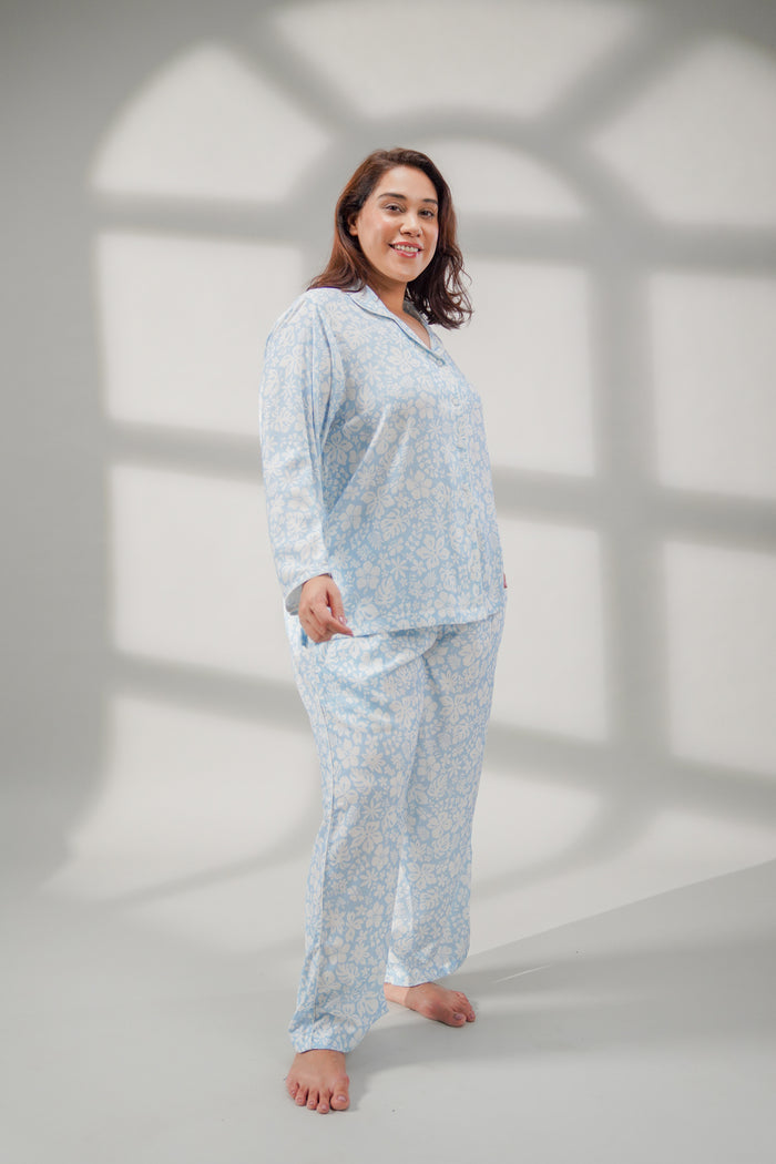 Bella Blue Printed Cotton Blend Women's Curve Pajama Set- Full Sleeves