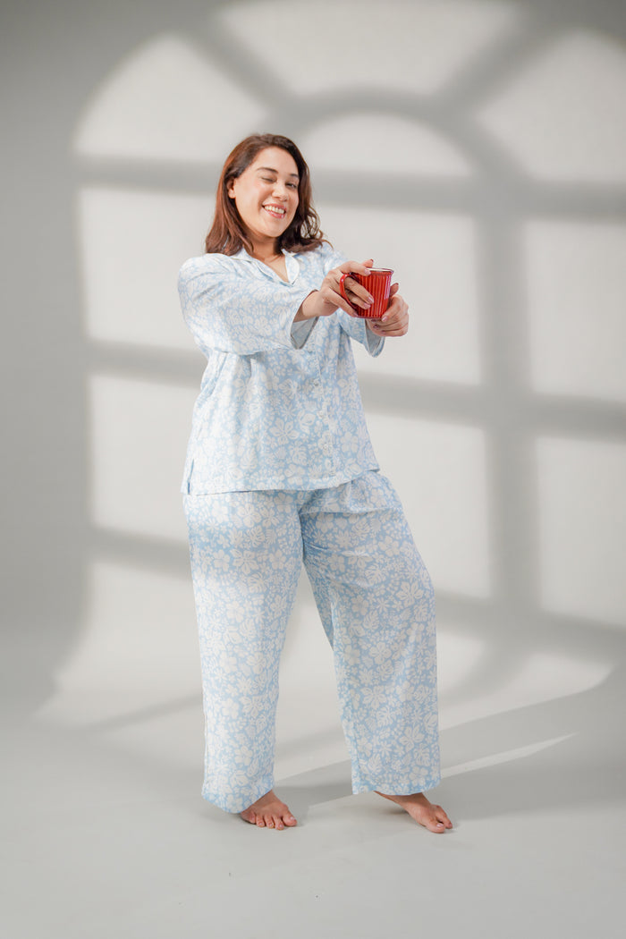 Bella Blue Printed Cotton Blend Women's Curve Pajama Set- Full Sleeves