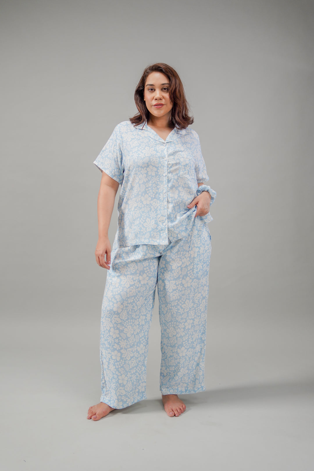 Bella Blue Printed Cotton Blend Women's Curve Pajama Set- Half Sleeves