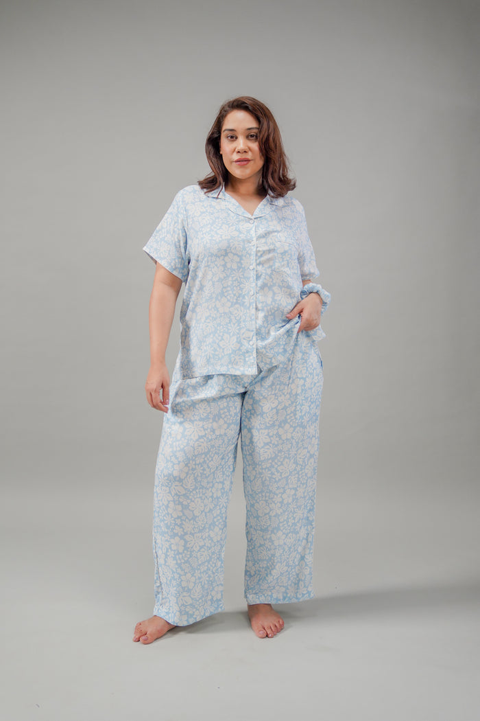 Bella Blue Printed Cotton Blend Women's Curve Pajama Set- Half Sleeves