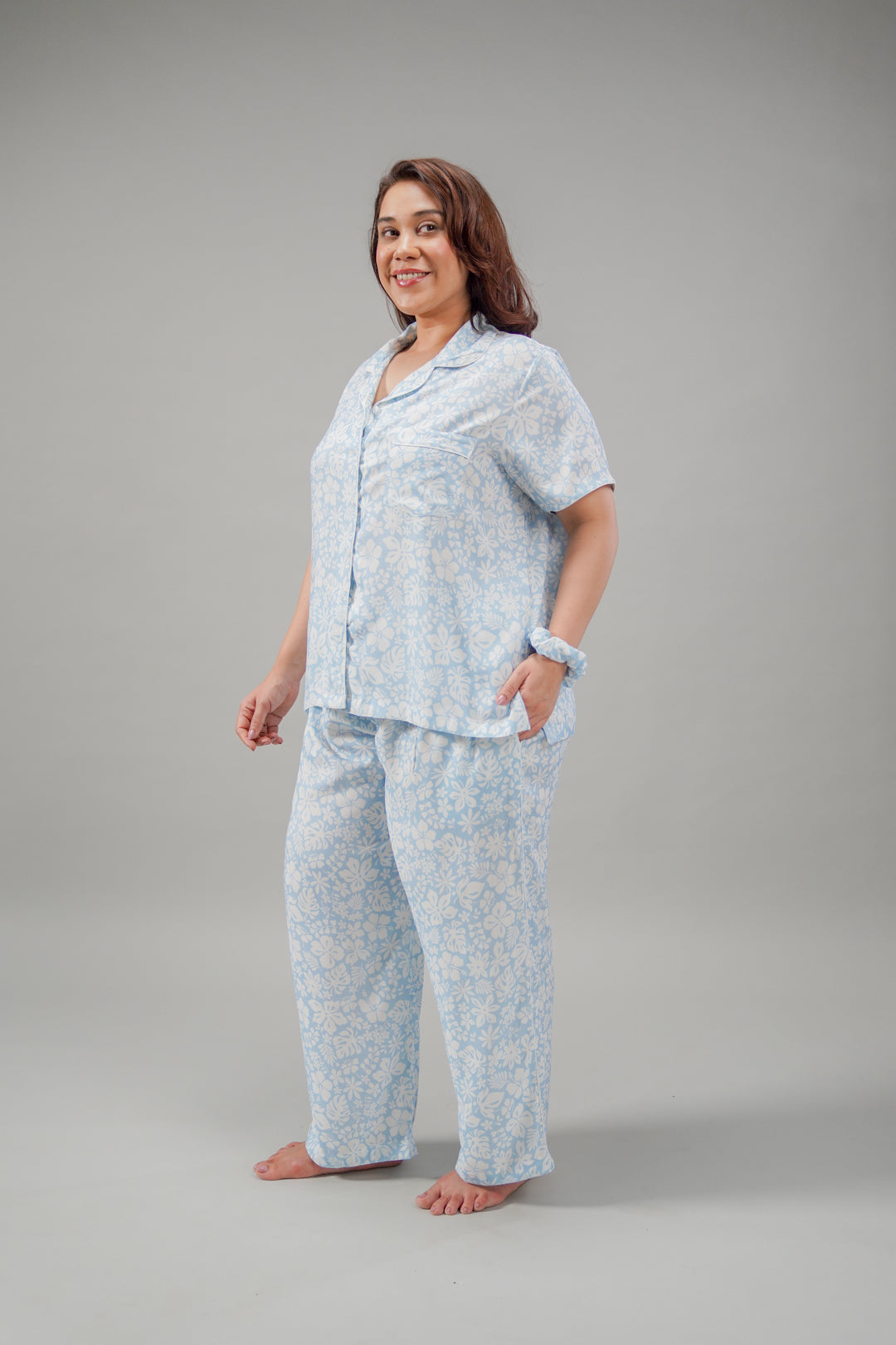 Bella Blue Printed Cotton Blend Women's Curve Pajama Set- Half Sleeves