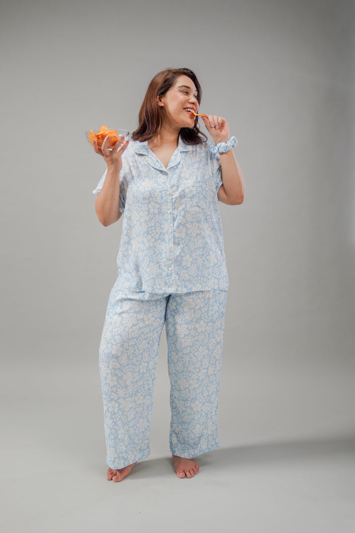 Bella Blue Printed Cotton Blend Women's Curve Pajama Set- Half Sleeves