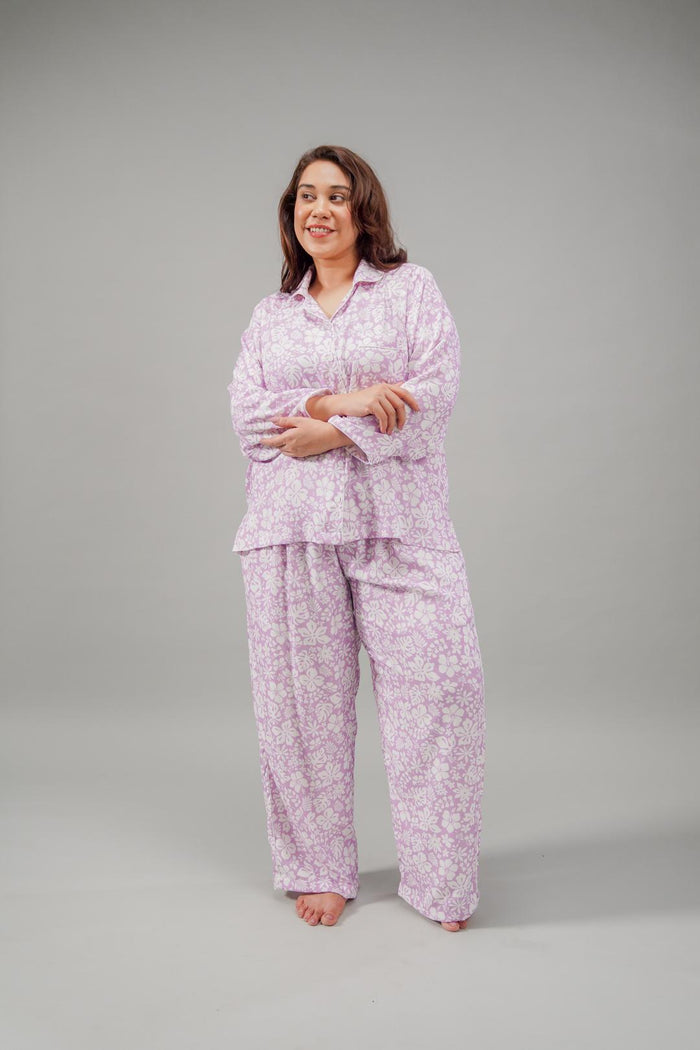 Lilac Bella Printed Cotton Blend Women's Curve Pajama Set- Full Sleeves