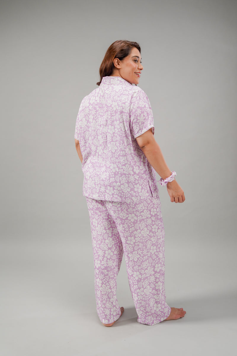 Lilac Bella Printed Cotton Blend Women's Curve Pajama Set- Half Sleeves