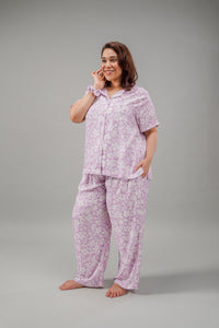 Lilac Bella Printed Cotton Blend Women's Curve Pajama Set- Half Sleeves