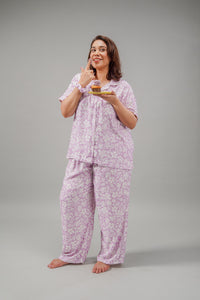 Lilac Bella Printed Cotton Blend Women's Curve Pajama Set- Half Sleeves