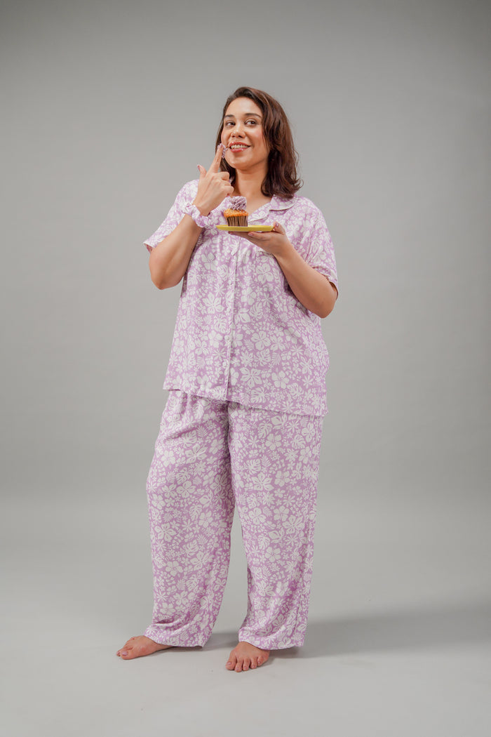 Lilac Bella Printed Cotton Blend Women's Curve Pajama Set- Half Sleeves