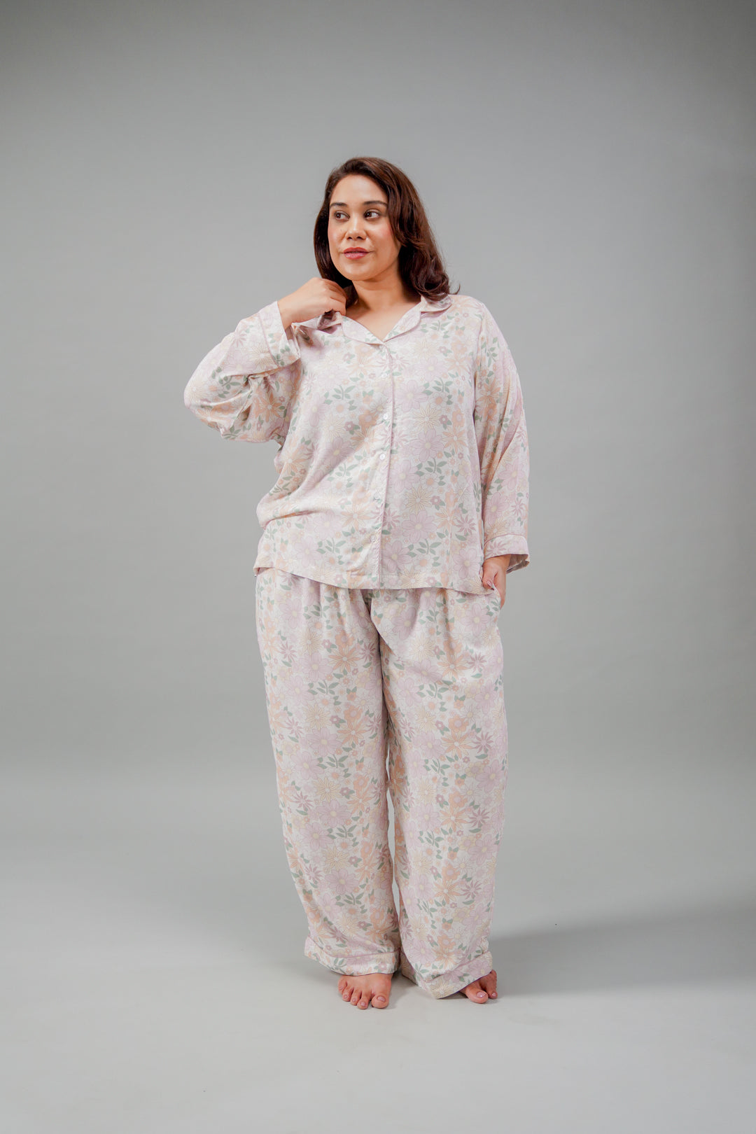 Pastel Bloom Cotton Blend Women's Curve Pajama Set- Full Sleeves
