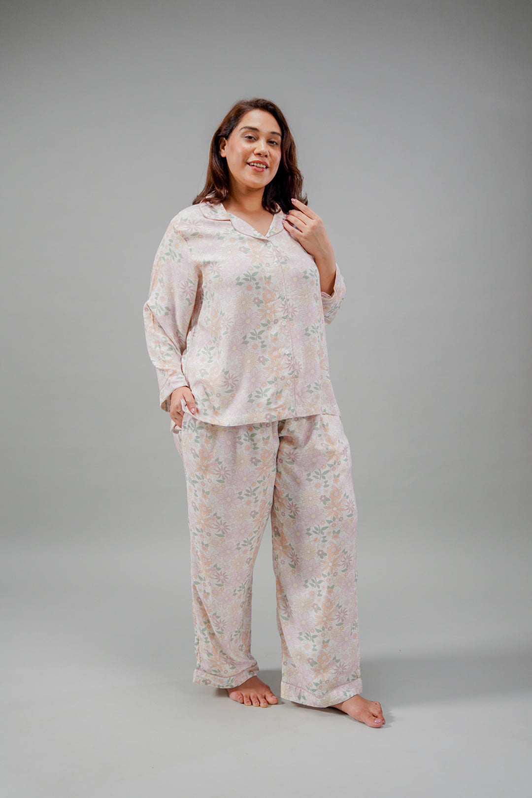 Pastel Bloom Cotton Blend Women's Curve Pajama Set- Full Sleeves