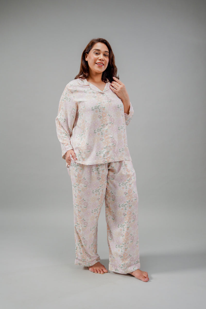 Pastel Bloom Cotton Blend Women's Curve Pajama Set- Full Sleeves