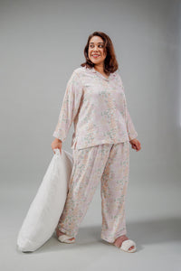 Pastel Bloom Cotton Blend Women's Curve Pajama Set- Full Sleeves