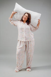 Pastel Bloom Cotton Blend Women's Curve Pajama Set- Full Sleeves