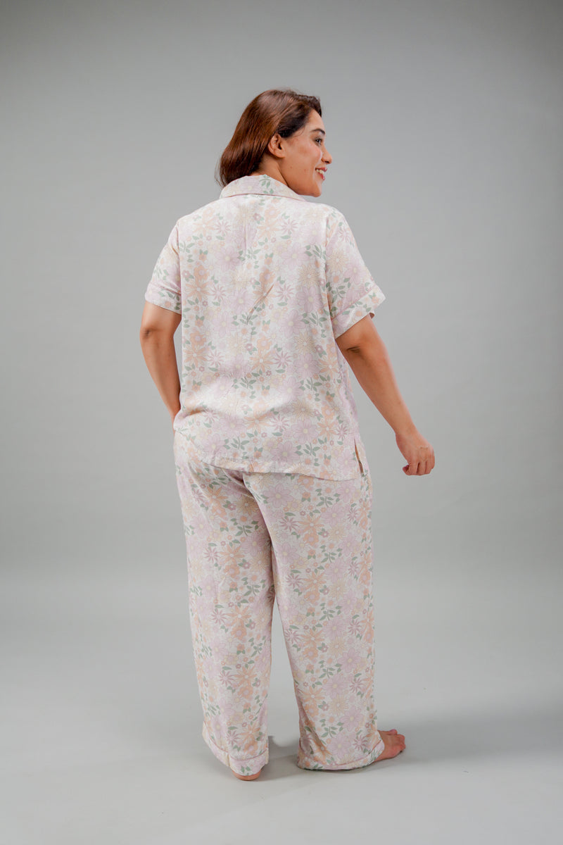 Pastel Bloom Cotton Blend Women's Curve Pajama Set- Half Sleeves