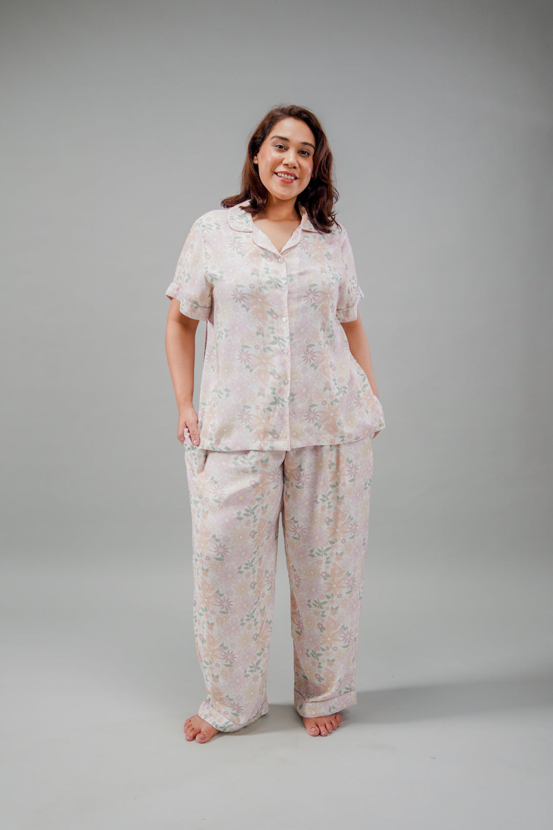 Pastel Bloom Cotton Blend Women's Curve Pajama Set- Half Sleeves