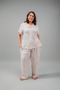 Pastel Bloom Cotton Blend Women's Curve Pajama Set- Half Sleeves