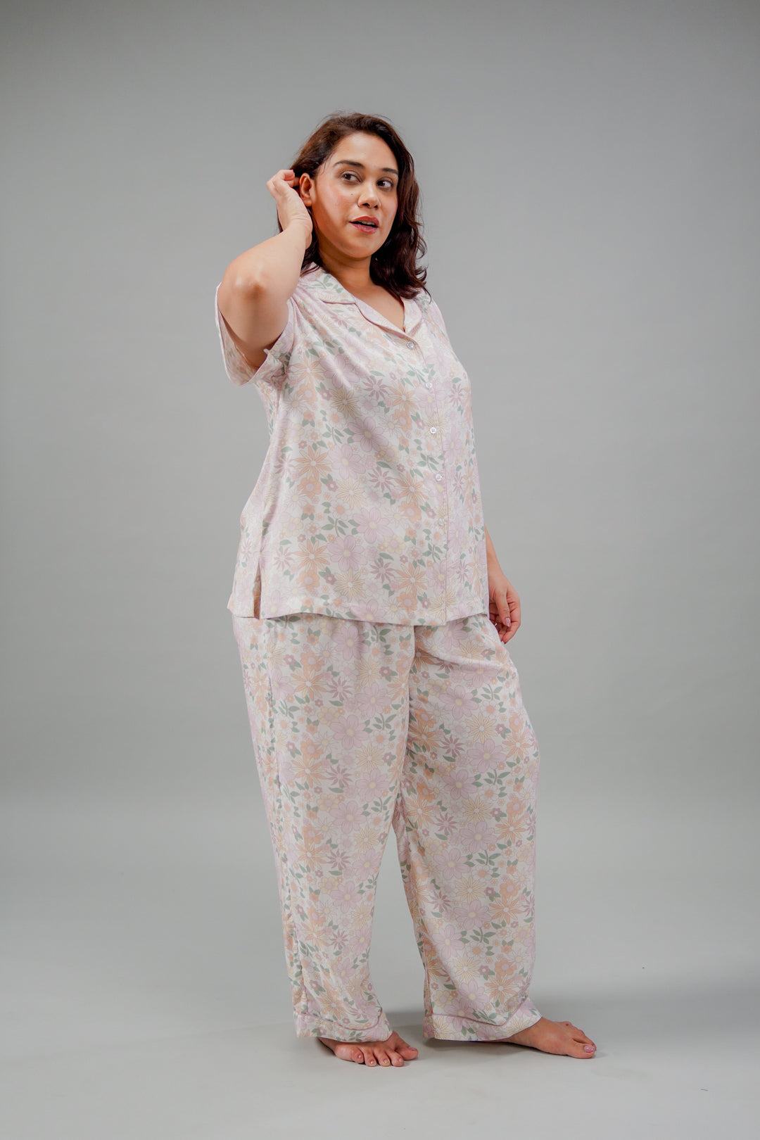 Pastel Bloom Cotton Blend Women's Curve Pajama Set- Half Sleeves