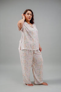 Pastel Bloom Cotton Blend Women's Curve Pajama Set- Half Sleeves