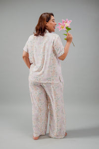 Pastel Bloom Cotton Blend Women's Curve Pajama Set- Half Sleeves