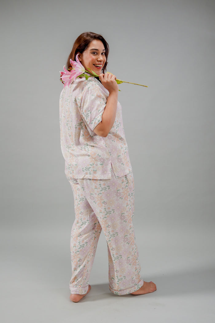 Pastel Bloom Cotton Blend Women's Curve Pajama Set- Half Sleeves