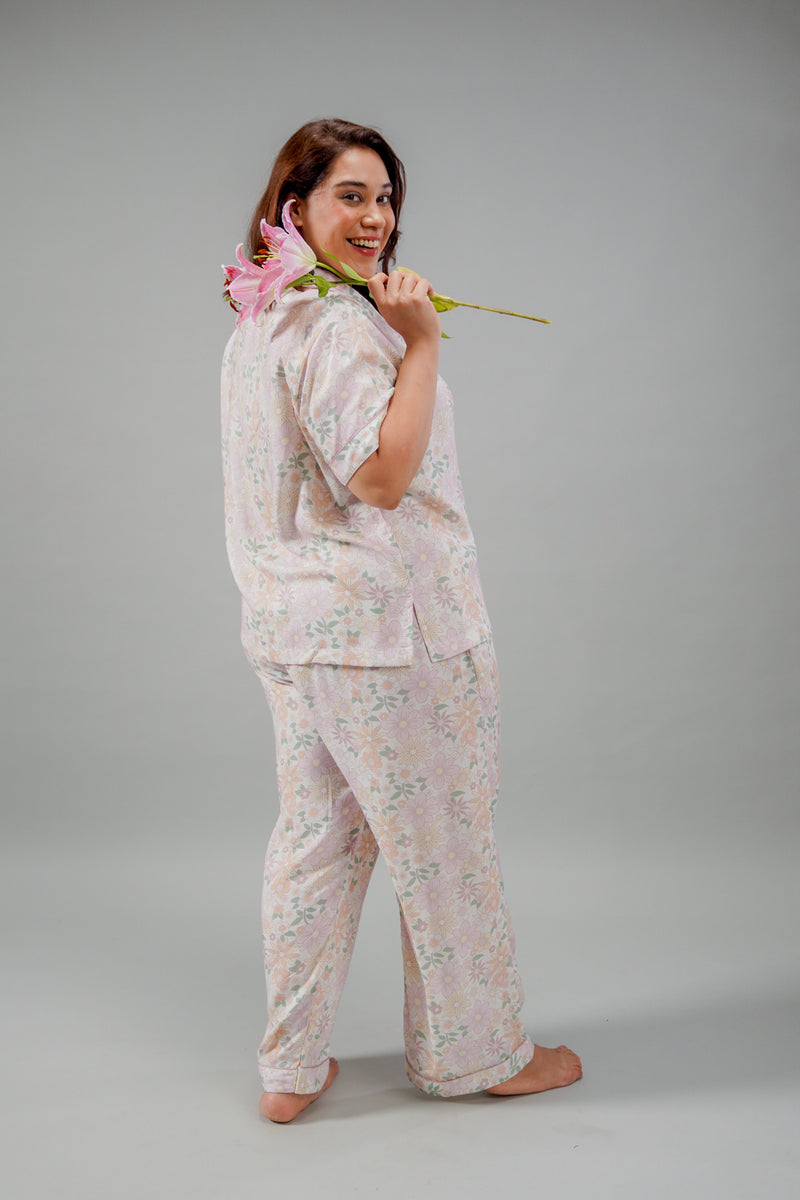 Pastel Bloom Cotton Blend Women's Curve Pajama Set- Half Sleeves