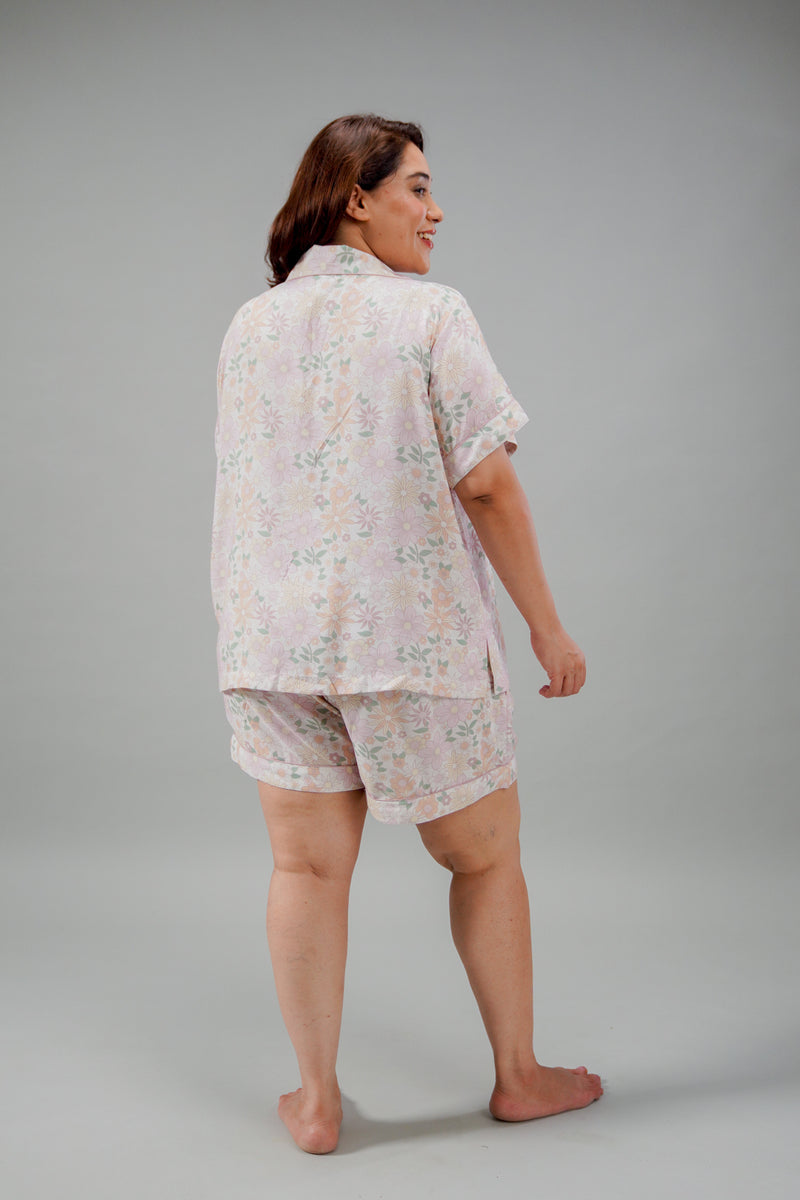 Pastel Bloom Cotton Blend Women's Curve Shorts Set- Half Sleeves
