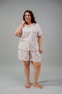 Pastel Bloom Cotton Blend Women's Curve Shorts Set- Half Sleeves