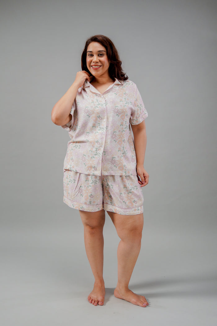 Pastel Bloom Cotton Blend Women's Curve Shorts Set- Half Sleeves