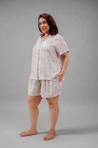 Pastel Bloom Cotton Blend Women's Curve Shorts Set- Half Sleeves