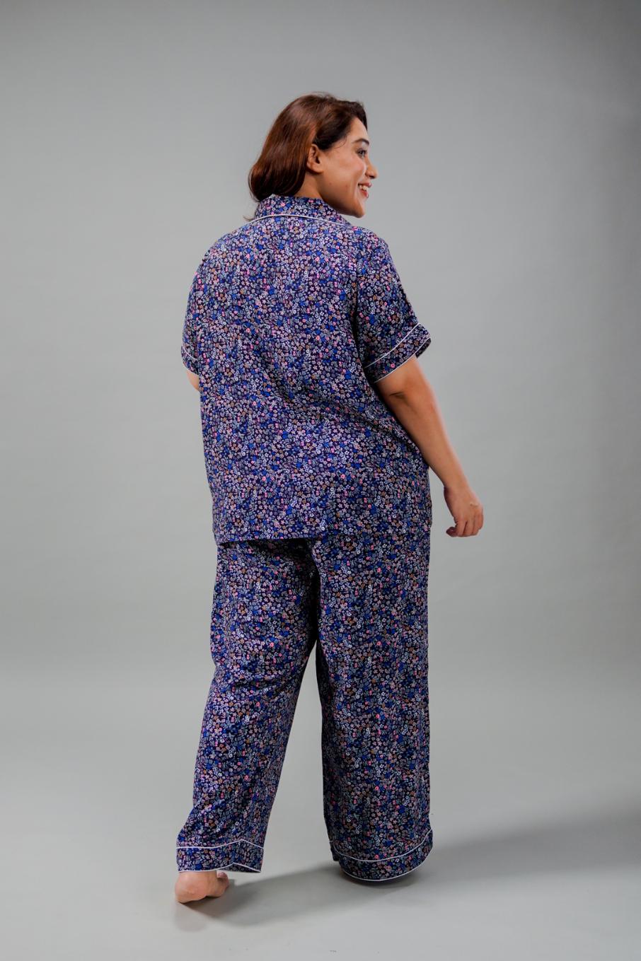 Ditsy Blossom Floral Cotton Blend Women's Curve Pajama Set- Half Sleeves