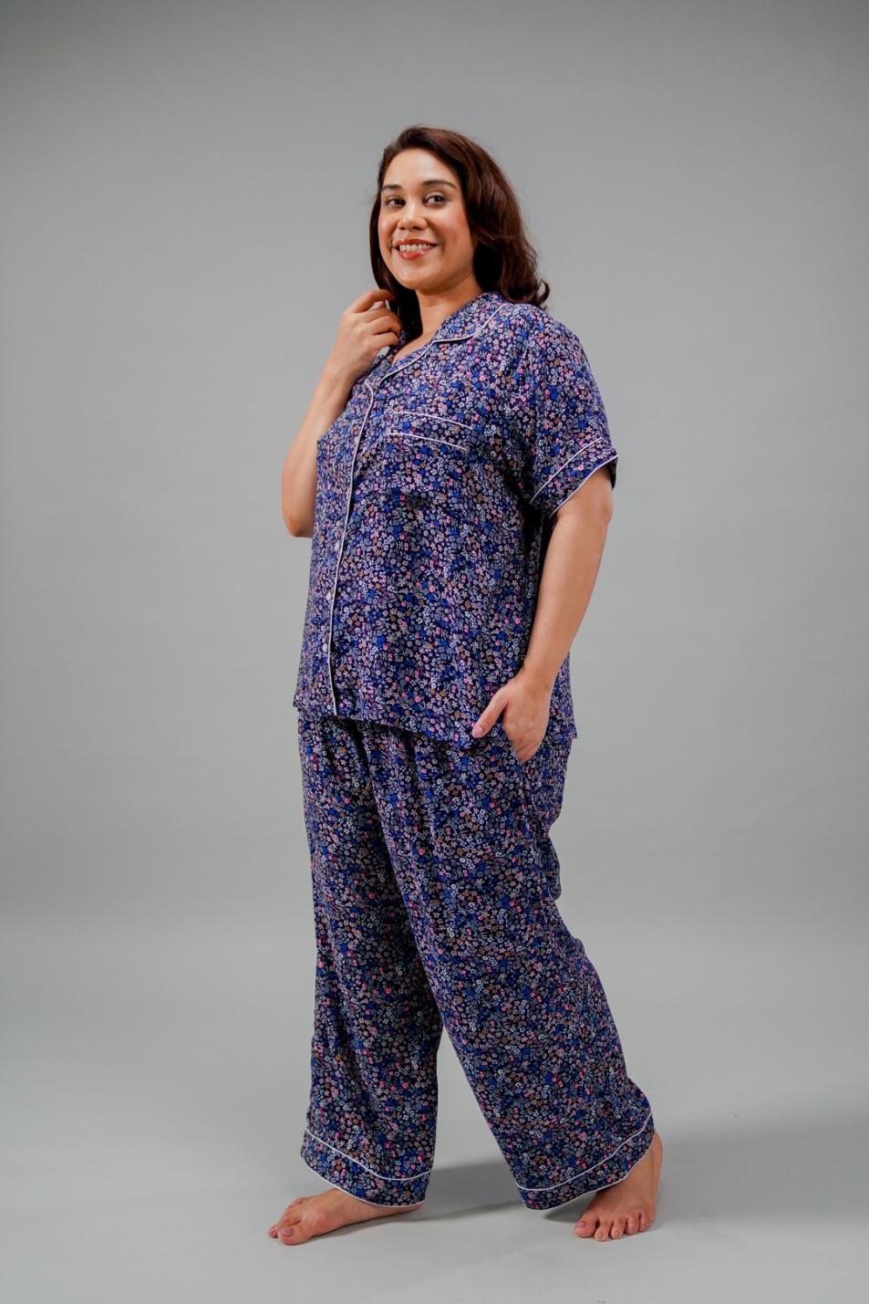 Ditsy Blossom Floral Cotton Blend Women's Curve Pajama Set- Half Sleeves
