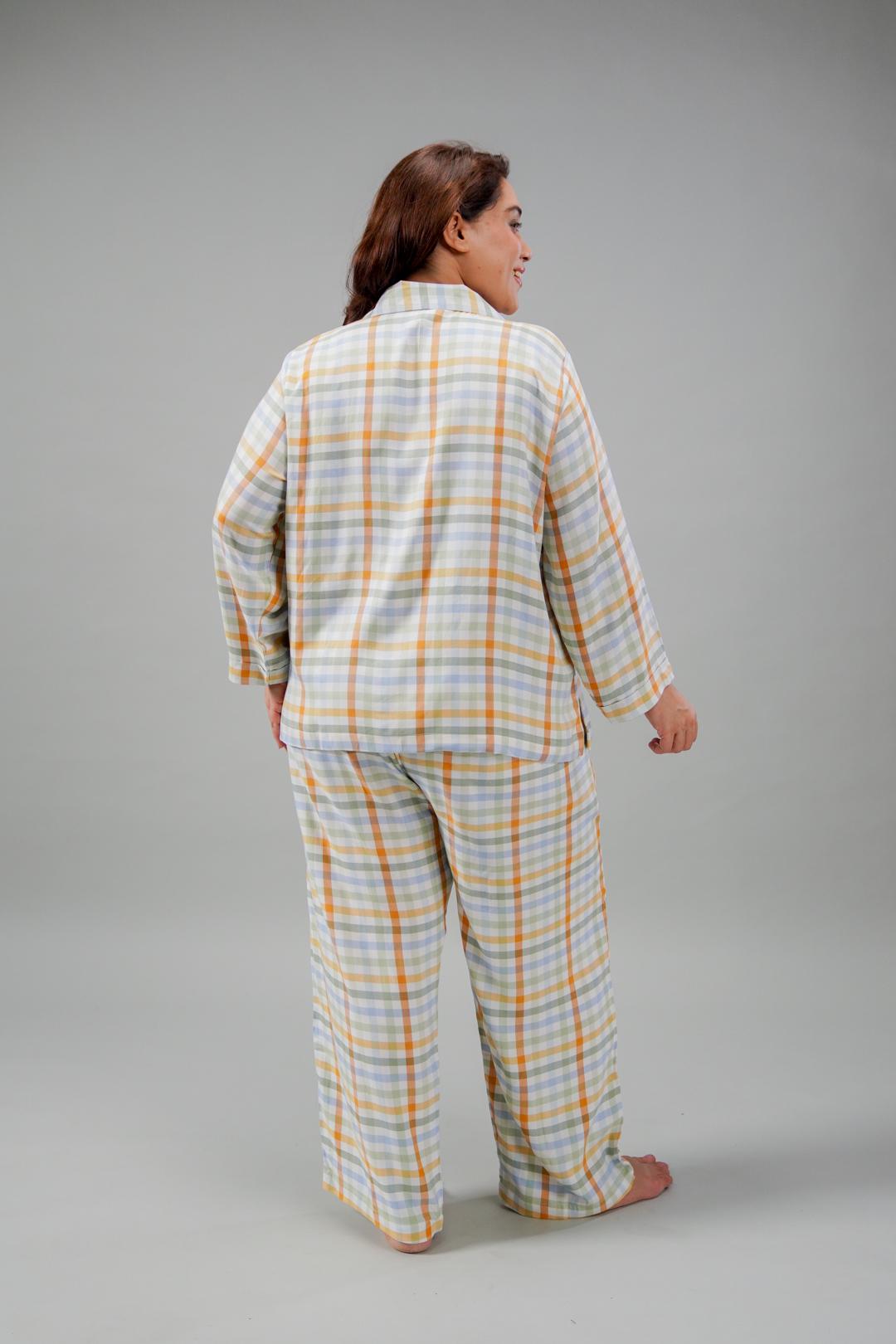 Pastel Check Cotton Blend Women's Curve Pajama Set- Full Sleeves