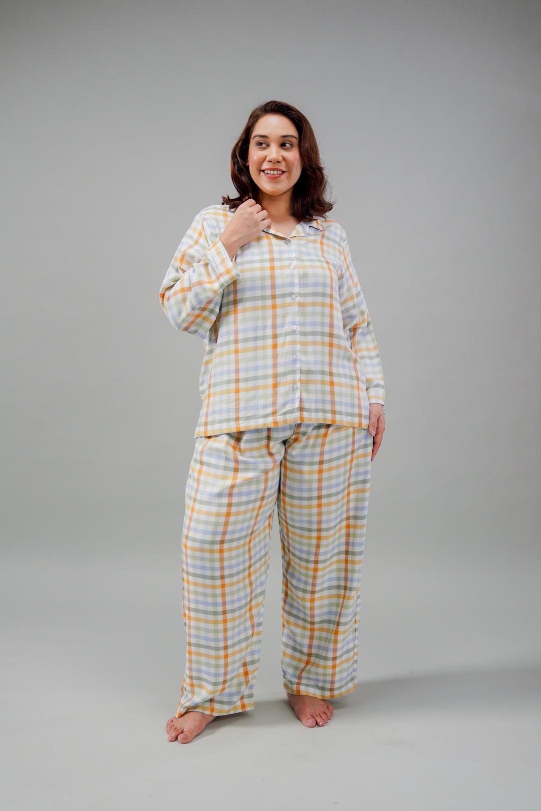Pastel Check Cotton Blend Women's Curve Pajama Set- Full Sleeves