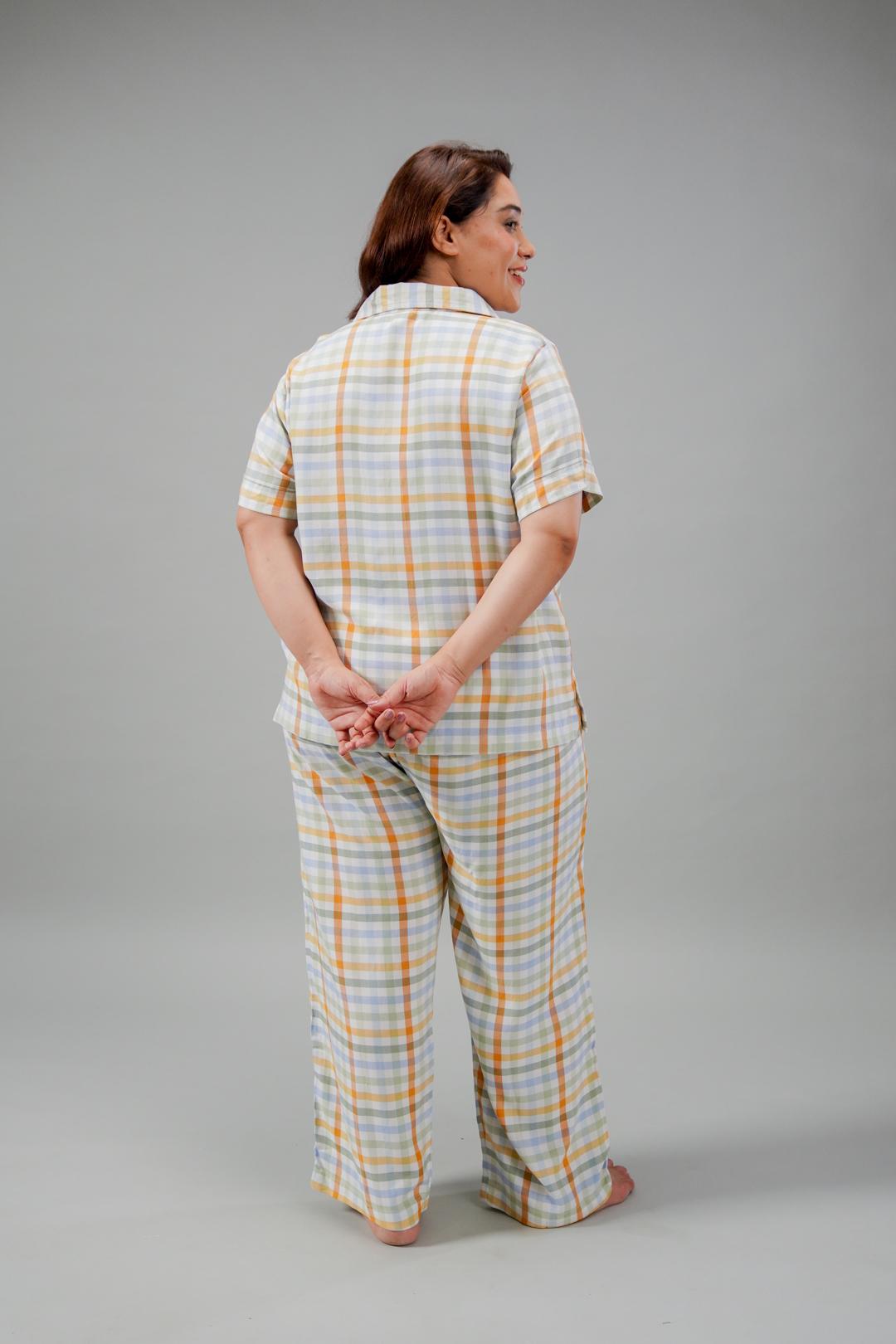 Pastel Check Cotton Blend Women's Curve Pajama Set- Half Sleeves