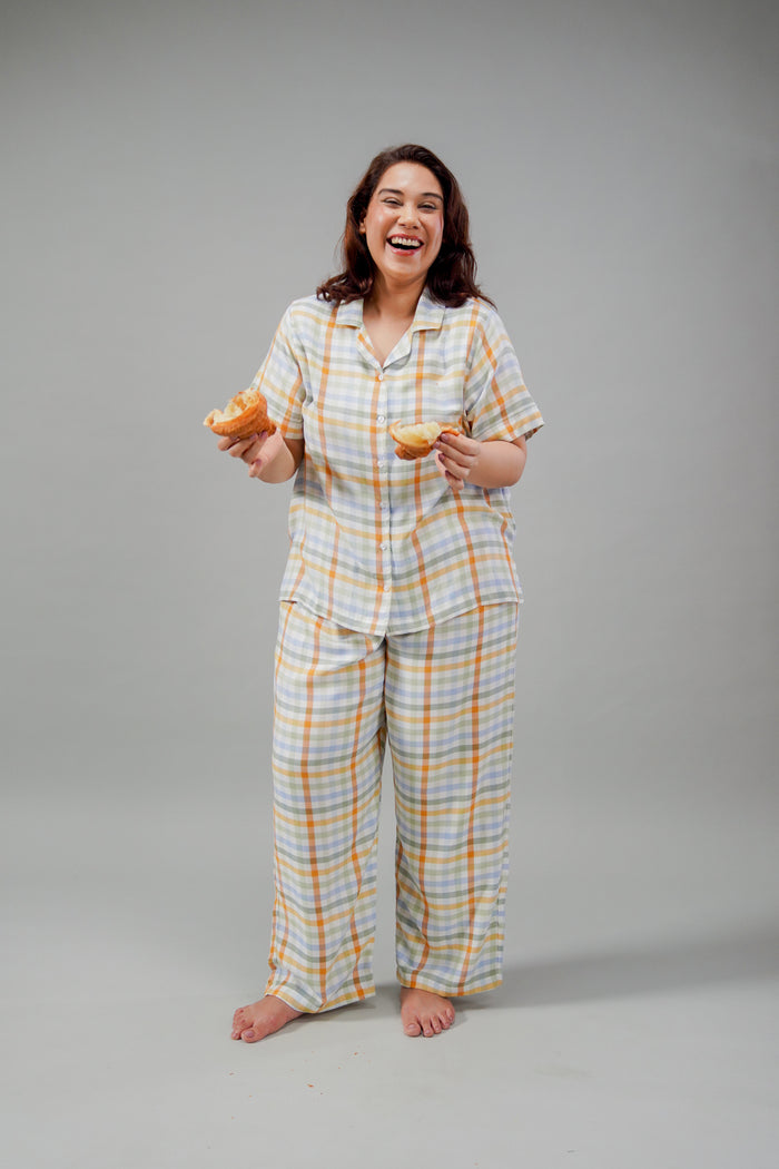 Pastel Check Cotton Blend Women's Curve Pajama Set- Half Sleeves