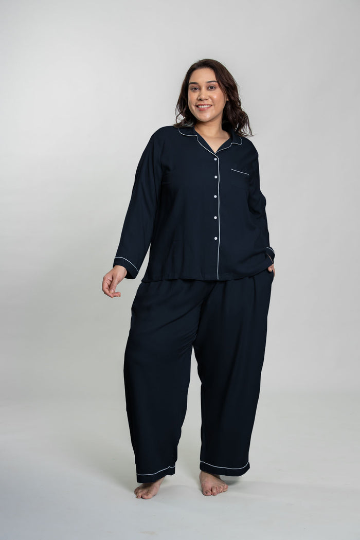 Midnight Navy Emily Soft Cotton Women's Curve Pajama Set - Full Sleeves