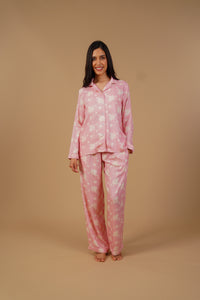 Pink Blossom Floral Printed Viscose Twill Women's Pajama Set - Full Sleeves