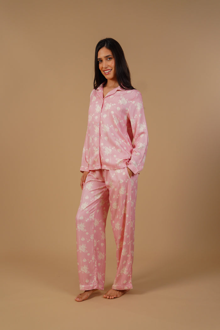 Pink Blossom Floral Printed Viscose Twill Women's Pajama Set - Full Sleeves