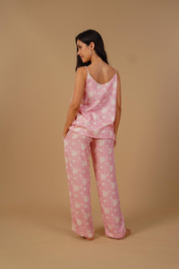 Pink Blossom Floral Printed Viscose Twill Women's Pajama Set - Sleeveless